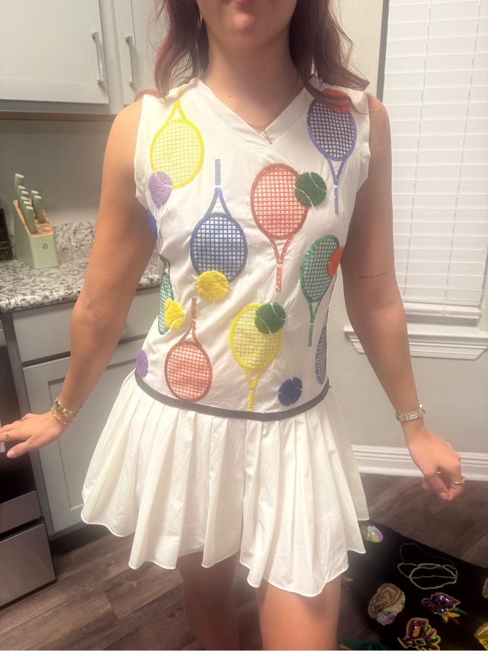 QUEEN OF SPARKLES White Tank with Colorful Tennis Racket Embroidery